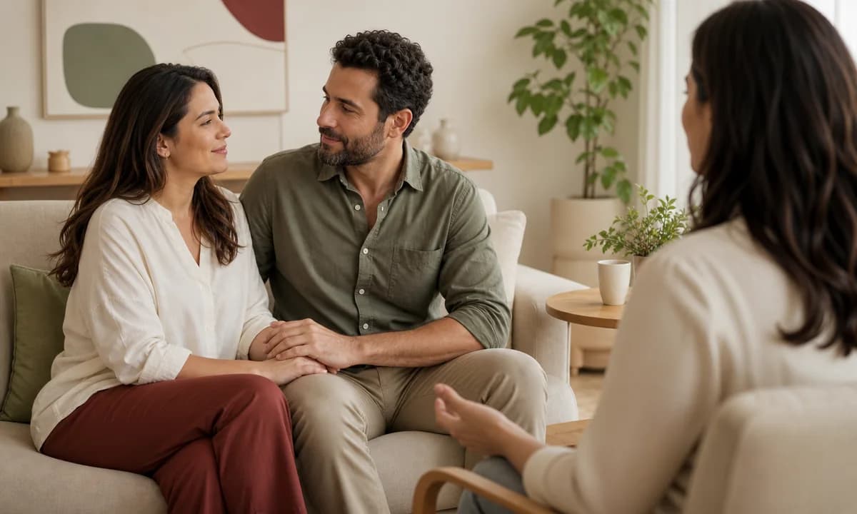 Casal participando de uma sessão de psicoterapia com uma psicóloga