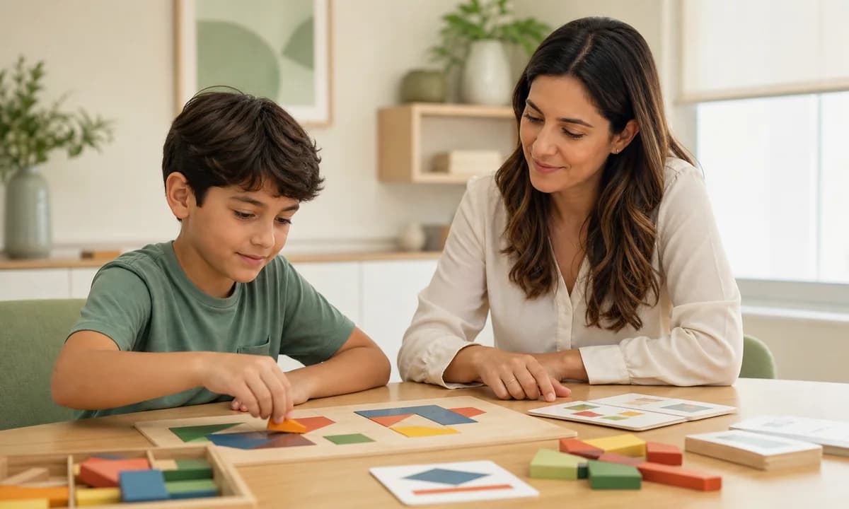 Criança realizando uma atividade cognitiva acompanhada por uma neuropsicóloga
