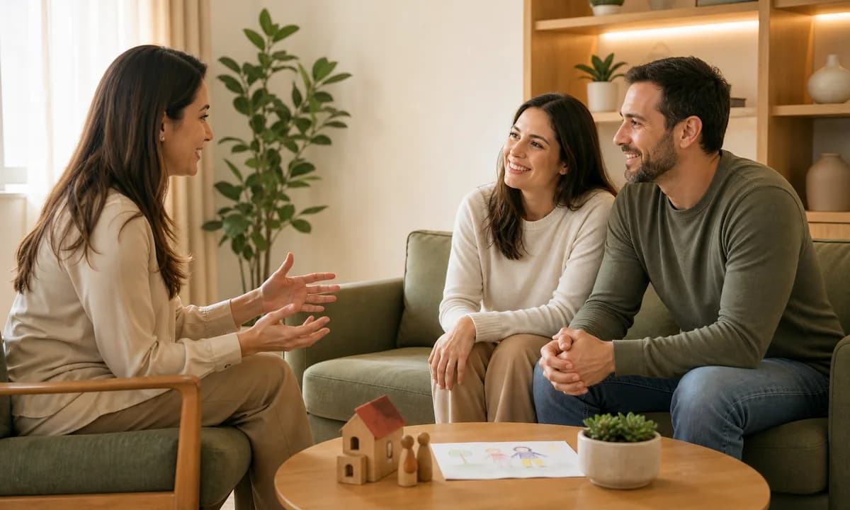 Psicóloga conversando com um casal durante uma orientação parental